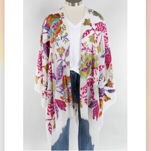 Anu Jasmine Vibrant Floral Embroidered 100% Wool Poncho Ruana One Size